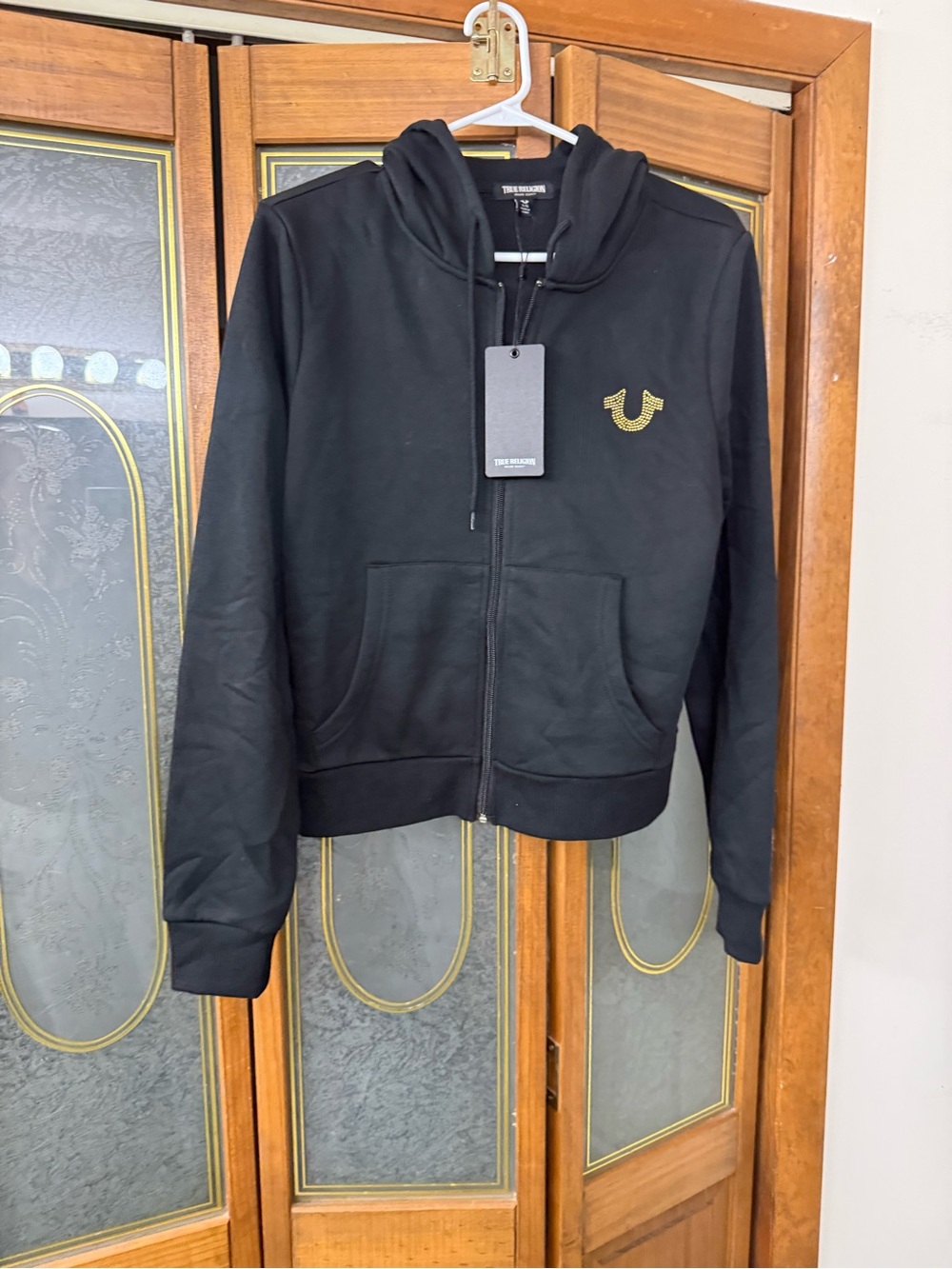 TRUE RELIGION LADIES  Black Zip Hoodie with Gold Horseshoe Logo, BRAND NEW